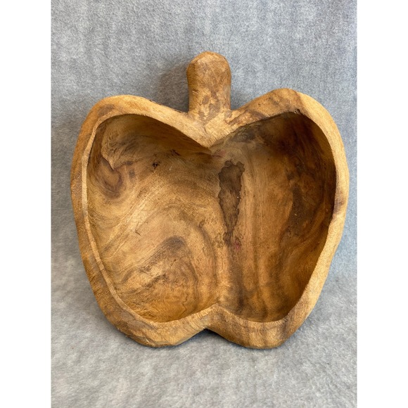 VTG Hand Carved Wooden Apple Shaped Bowl Dish Decorative Fruit Rustic Home Decor - Picture 1 of 9